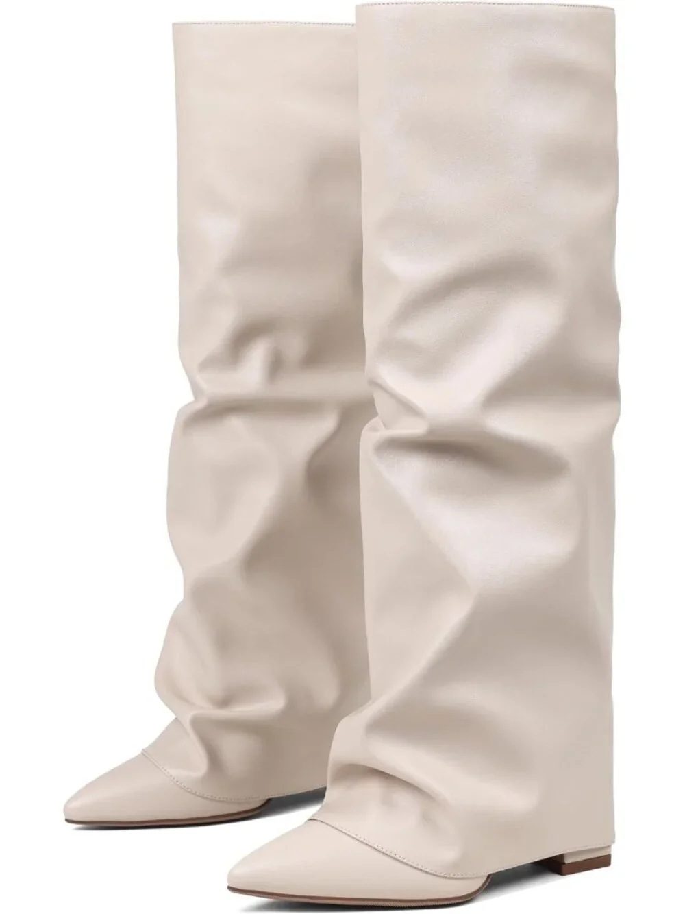 Women Apricot Pu Pointed Toe Fold Over Chunky Block Heel Slouchy Knee High Boots